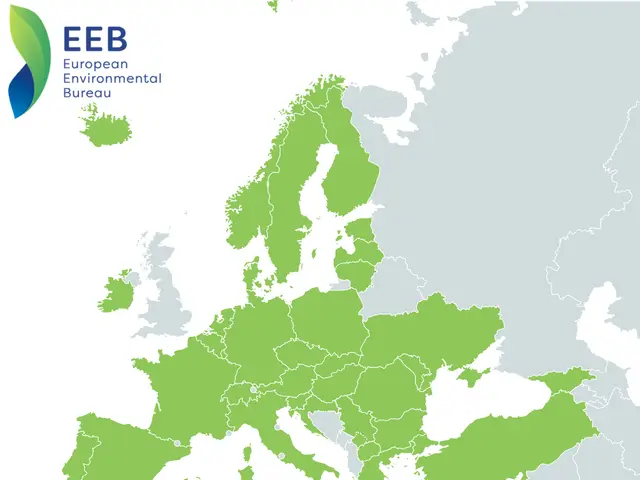 The image shows a map of Europe with the European Environmental Bureau (EEB) logo in the top left...