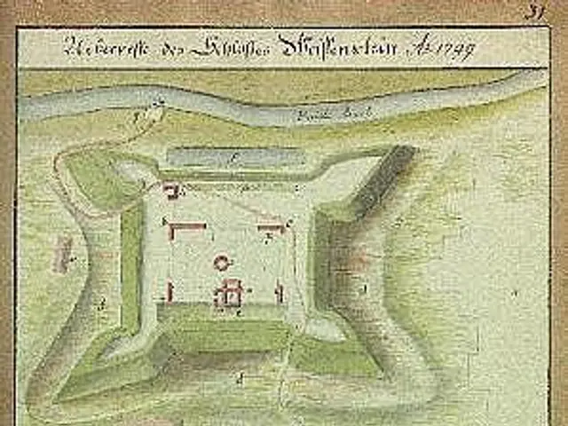 The image shows an old map of the city of Stuttgart, Germany, with a drawing of a castle in the...