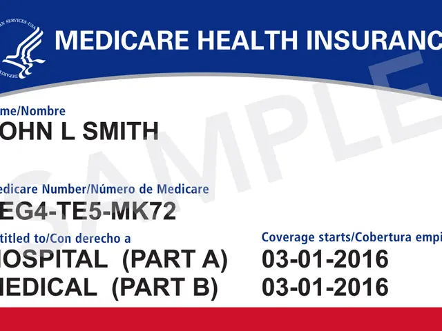 The image shows a medicare health insurance card with a blue and red background. The card has text...