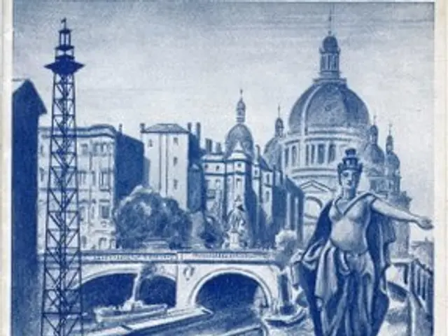 The image shows a poster advertising Berlin, Germany, featuring a statue, buildings, a tower,...