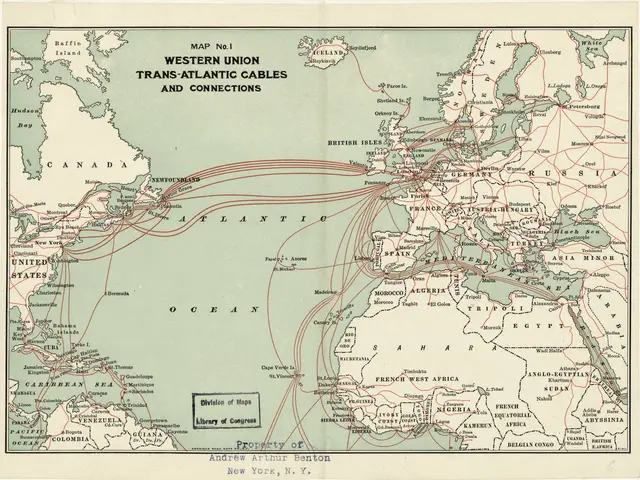 The image shows a map of the Western Union Trans-Atlantic Cables and Connections, with text...