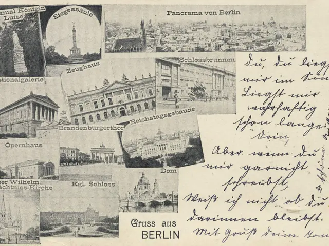The image shows an old postcard with a variety of pictures of Berlin, including buildings, trees,...
