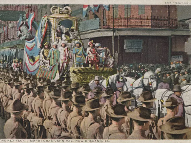 The image shows an old postcard of a parade in New Orleans, Louisiana. It features a group of...