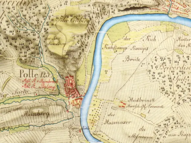 The image shows an old map of the city of Polle, Germany, with a river running through it. The map...