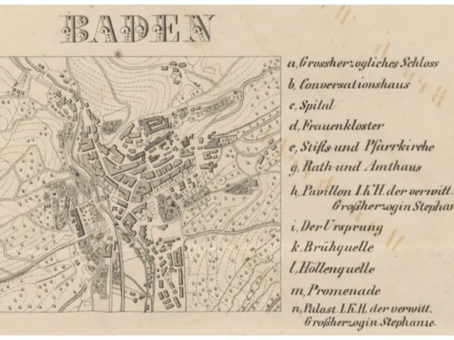 The image shows an old map of the city of Baden, Germany, with text written on it. The map is...