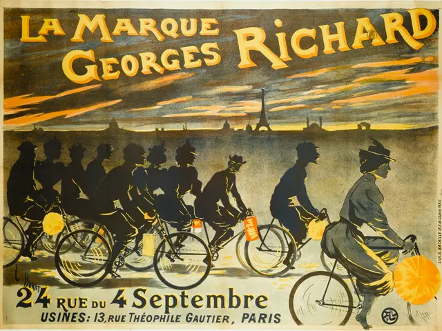 The image shows a poster advertising a bicycle race in Paris, France. It features a group of people...