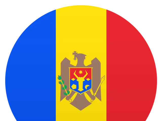 The image shows the flag of Moldova, which is composed of three colors: blue, yellow, and red. In...