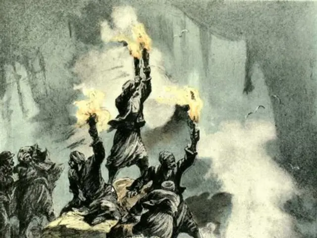 The image shows a group of people standing on top of a mountain, each holding a fire in their...