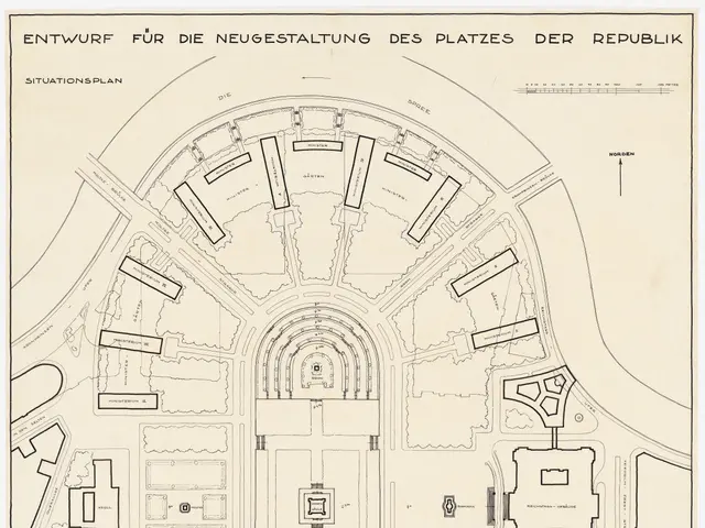 The image shows a plan of the city of Berlin, Germany, with a drawing of a building in the center....