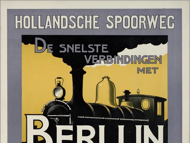 The image shows a poster advertising a train in Berlin, Germany. The poster features a picture of a...