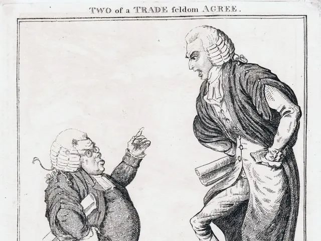 The image shows a paper with a drawing of two people, one of whom is holding a bag, and text...