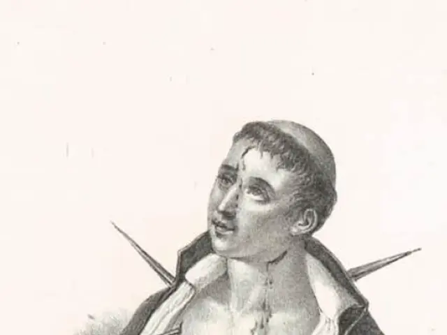 The image shows a black and white drawing of a man with a knife in his hand, set against a white...