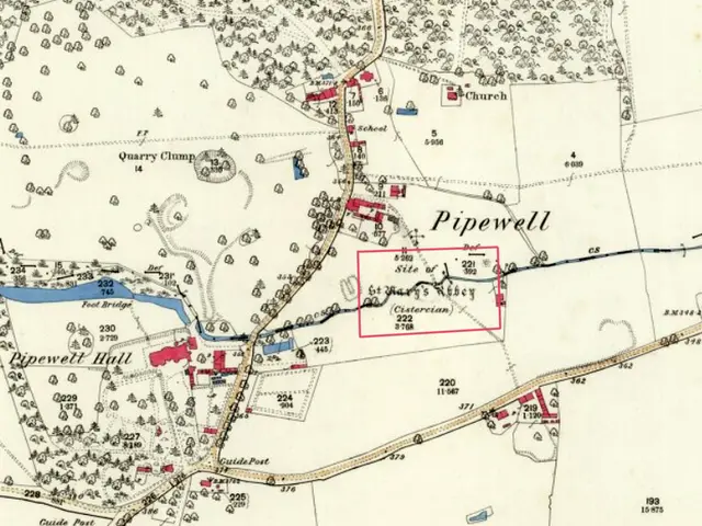 The image shows an old map of the city of Pipewell, with text and numbers indicating the location...
