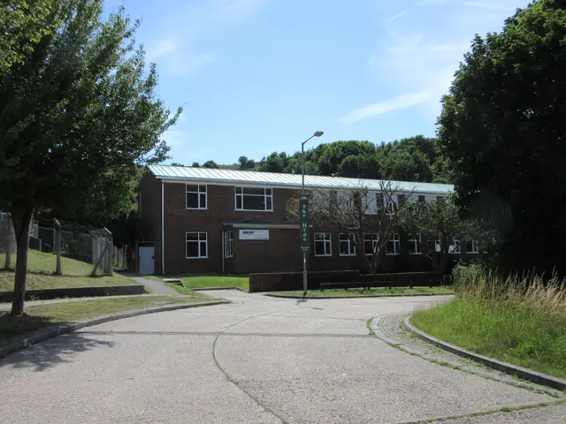 The image shows a school building with windows, a street pole, a signboard, a group of trees,...