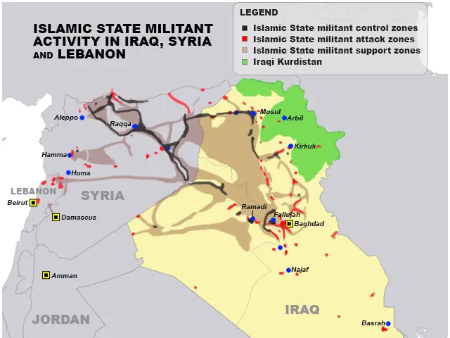 The image shows a poster with a map of Iraq and Lebanon, highlighting the Islamic State militant...