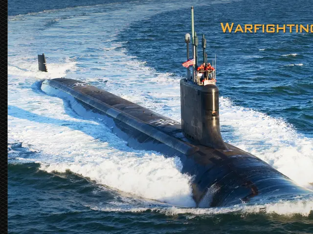 The image shows a navy submarine in the ocean with the words "Warfighting First" on it. There are a...