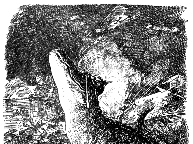 The image shows a black and white drawing of a crocodile with its mouth open, surrounded by a few...