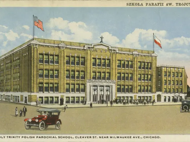 The image shows a poster of Holy Trinity Polish Parochial School in Cleveland, Ohio. It features a...