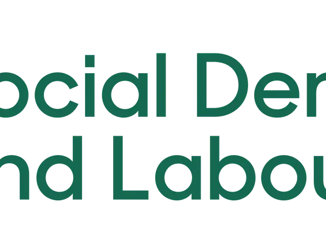 The image shows a white background with the text "social democratic and labour party" written in...
