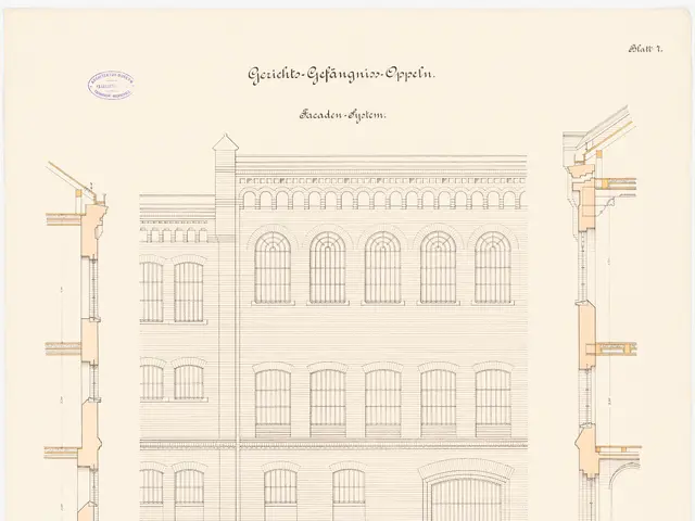 The image shows a drawing of a building with a lot of windows and a door, which is the facade of...