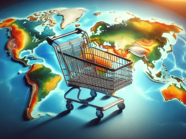 The image shows a shopping cart with a world map in the background, emphasizing the importance of...