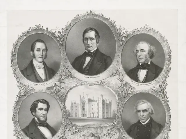 The image shows a black and white photo of a group of men in suits and ties, with a building in the...