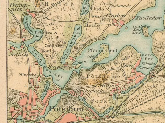 The image shows an old map of the city of Potsdam, Germany. It is a detailed map with text written...