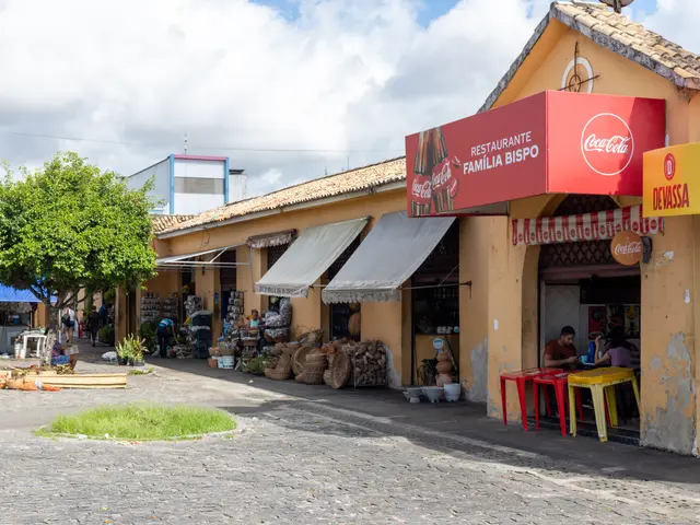 The image shows a small town with a cobblestone street lined with shops and restaurants. There are...