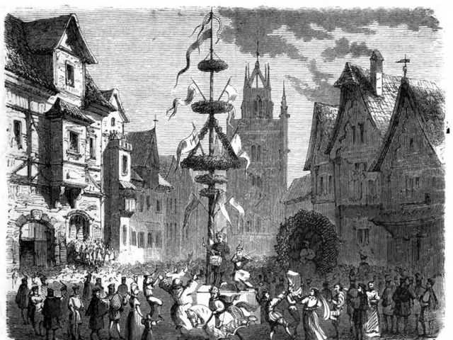 The image shows a black and white drawing of a crowd of people in a city square, with a pole in the...