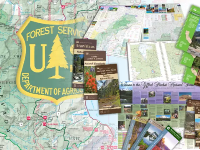 The image shows a map of the United States Forest Service Department of Agriculture with a logo and...