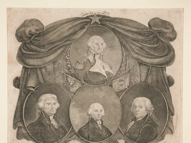The image shows a black and white drawing of four men in military uniforms, with a curtain in the...