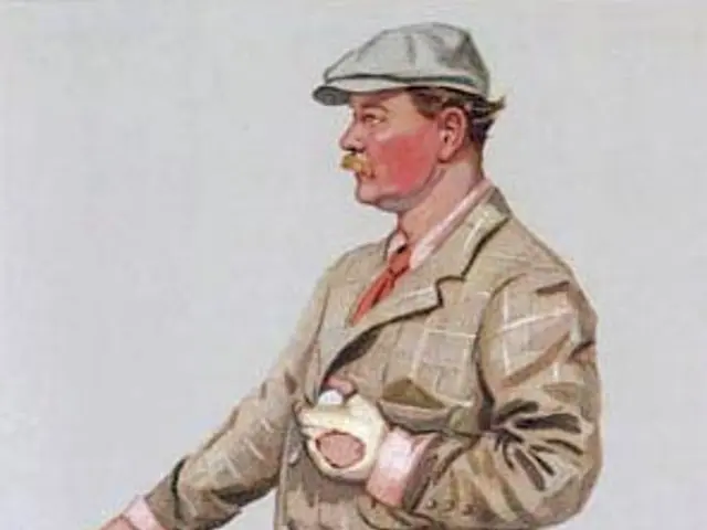 The image shows a man in a suit and hat standing on the ground, holding a golf club in one hand and...