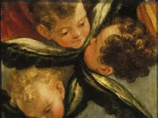 The image shows a painting of three children in a room, with one of them being a baby. The painting...