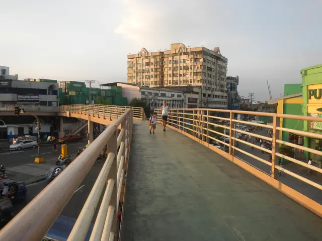 The image shows a pedestrian bridge with railings, vehicles on the road below, and people walking...