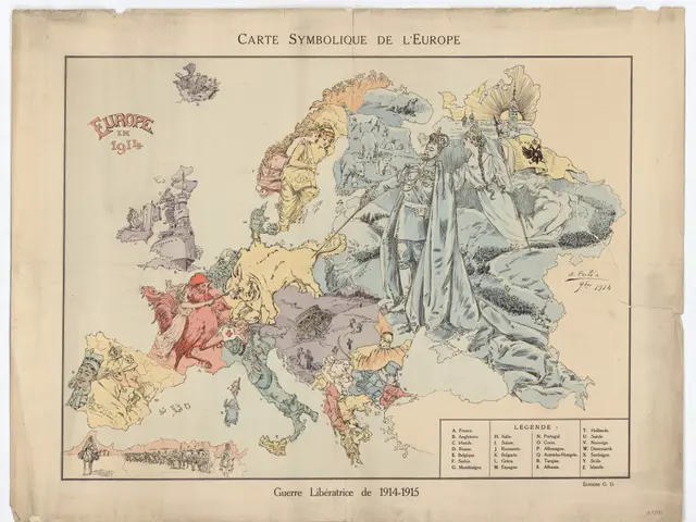 The image shows a paper with a map of Europe from 1914-1915, depicting the symbols of the European...