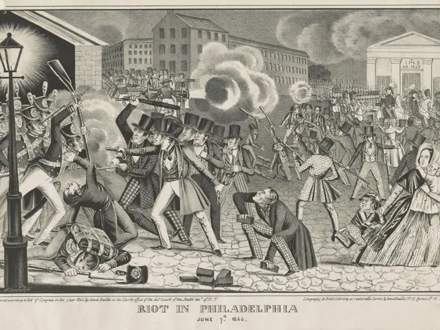 The image shows a group of people standing on the ground, some of them holding guns in their hands,...