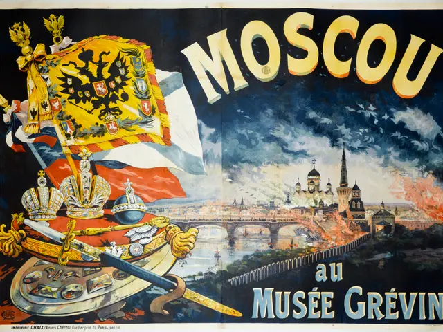 The image shows a poster on the wall of a building in Moscow, Russia. The poster features text and...