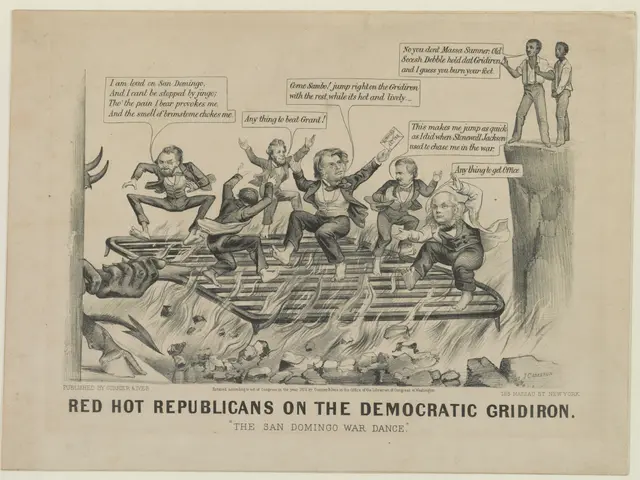 The image shows a paper with a drawing of red hot republicans on the democratic gridiron, with text...