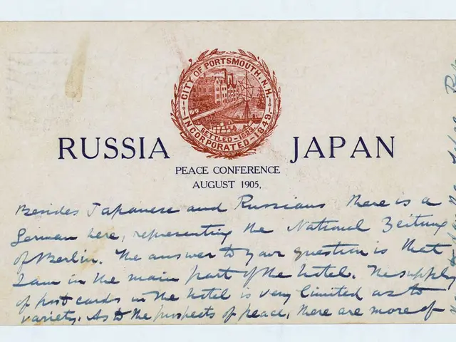 The image shows an envelope with a stamp on it that reads "Russia and Japan Peace Conference" and a...