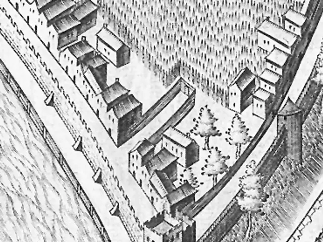 The image shows a black and white drawing of a city with a river running through it, featuring...
