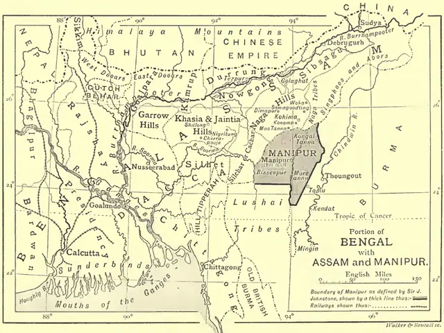 The image shows a poster with a map of Bengal, Assam and Manipur, with text written on it. The map...