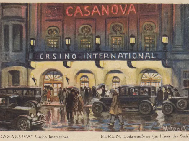 The image shows a painting of the Casanova Casino International in Berlin, Germany. It depicts a...