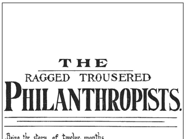 The image shows a poster with the text "The Ragged Troubled Philanthropists" written in bold, black...