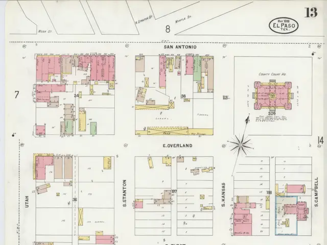 The image shows an old map of the city of San Antonio, Texas, with detailed floor plans of the El...