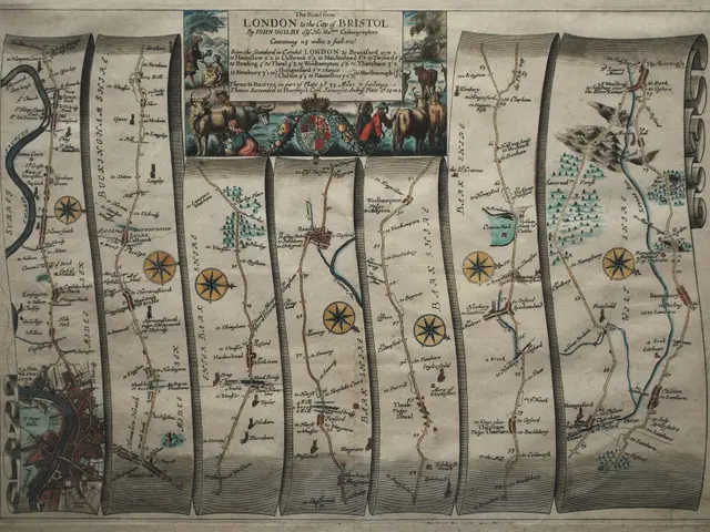 The image shows a poster with a map of London and Bristol, with text and pictures of people and...