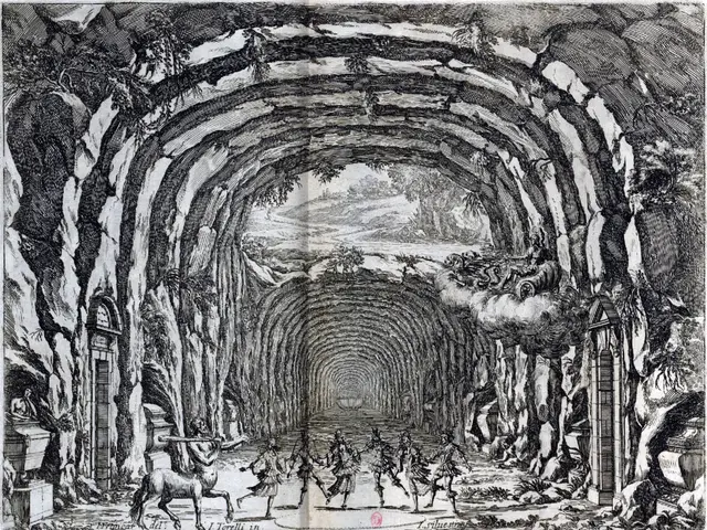 The image shows a black and white drawing of a tunnel with people walking through it. At the bottom...