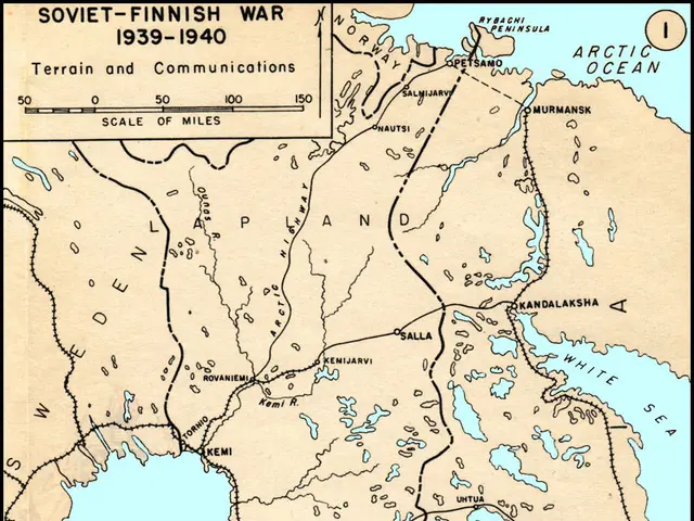 The image shows a poster of a map of the Soviet-Finnish War in 1939-1940, depicting the extent of...