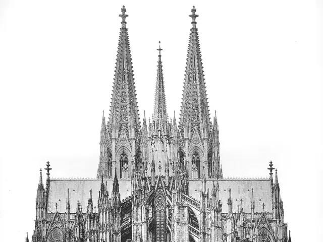 The image shows a black and white photo of the Cologne Cathedral in Cologne, Germany. It is a...