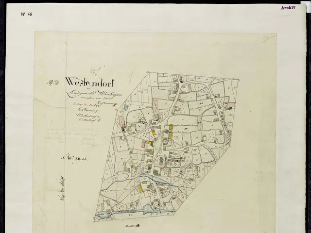 The image shows an old map of the city of Westendorf, Germany, with a black background. The map is...