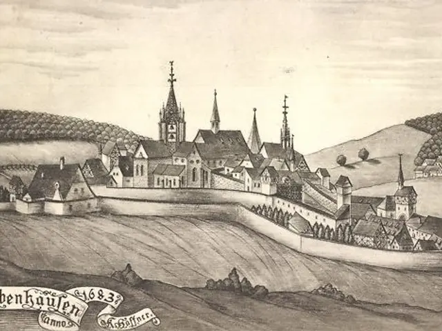 The image shows a black and white drawing of a city with a castle in the middle of it, surrounded...
